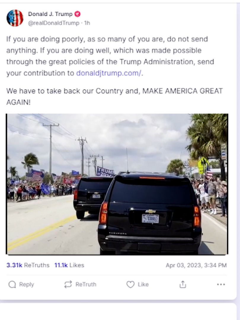 Watch: Trump posts video from his motorcade while en route to New York for his arraignment